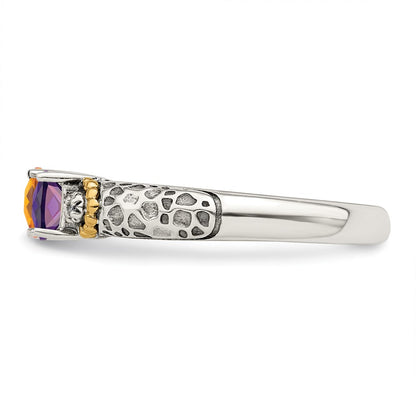 Sterling Silver Antiqued w/14k 3-stone w/Diamond Mother's Ring Semi-Mount