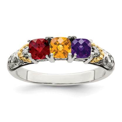 Sterling Silver Antiqued w/14k 3-stone w/Diamond Mother's Ring Semi-Mount