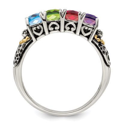 Sterling Silver Antiqued w/14k 4-stone w/Diamond Mother's Ring Semi-Mount