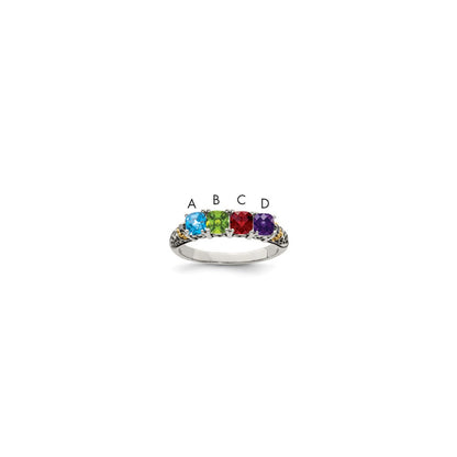 Sterling Silver Antiqued w/14k 4-stone w/Diamond Mother's Ring Semi-Mount