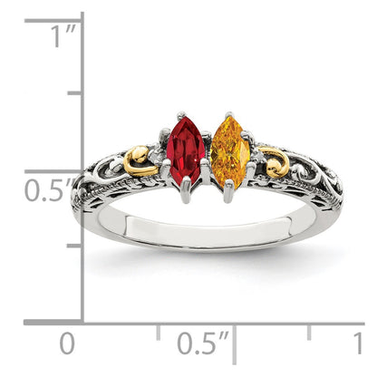 Sterling Silver Antiqued w/14k 2-stone w/Diamond Mother's Ring Semi-Mount
