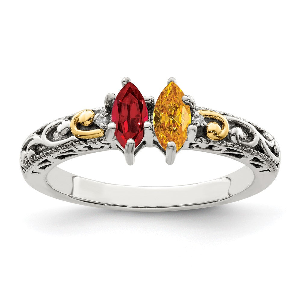 Sterling Silver Antiqued w/14k 2-stone w/Diamond Mother's Ring Semi-Mount