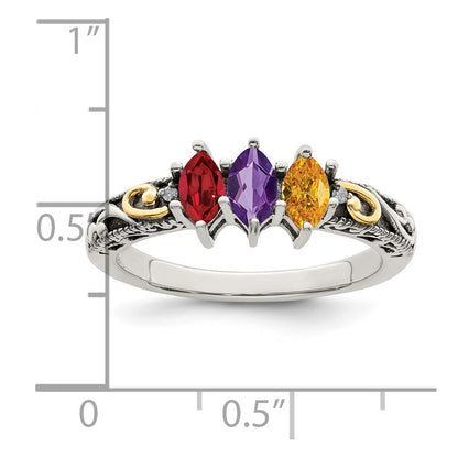 Sterling Silver Antiqued w/14k 3-stone w/Diamond Mother's Ring Semi-Mount