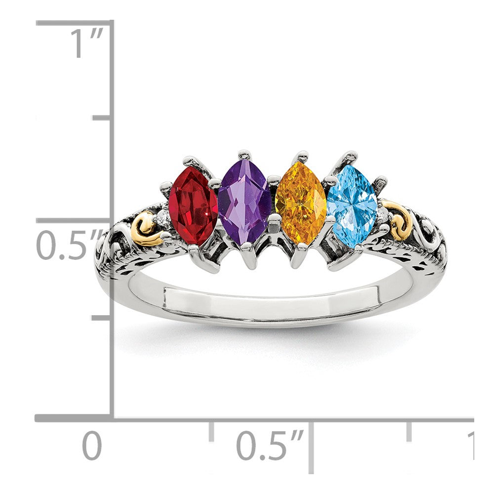 Sterling Silver Antiqued w/14k 4-stone w/Diamond Mother's Ring Semi-Mount