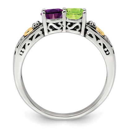 Sterling Silver Antiqued w/14k 2-stone w/Diamond Mother's Ring Semi-Mount
