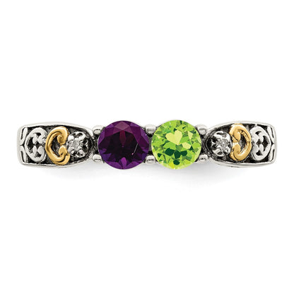 Sterling Silver Antiqued w/14k 2-stone w/Diamond Mother's Ring Semi-Mount