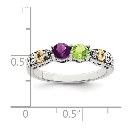 Sterling Silver Antiqued w/14k 2-stone w/Diamond Mother's Ring Semi-Mount