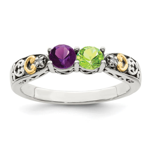 Sterling Silver Antiqued w/14k 2-stone w/Diamond Mother's Ring Semi-Mount