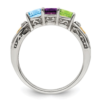 Sterling Silver Antiqued w/14k 3-stone w/Diamond Mother's Ring Semi-Mount