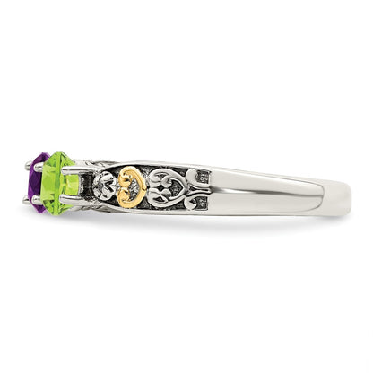 Sterling Silver Antiqued w/14k 3-stone w/Diamond Mother's Ring Semi-Mount