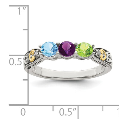Sterling Silver Antiqued w/14k 3-stone w/Diamond Mother's Ring Semi-Mount