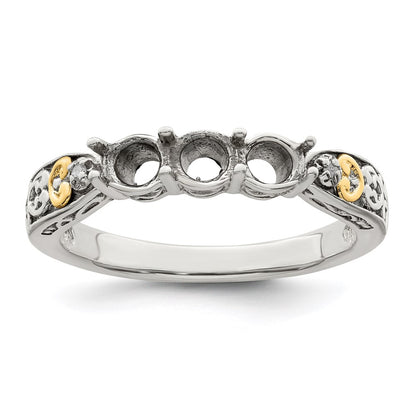 Sterling Silver Antiqued w/14k 3-stone w/Diamond Mother's Ring Semi-Mount
