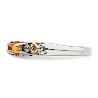 Sterling Silver Antiqued w/14k 5-stone w/Diamond Mother's Ring Semi-Mount