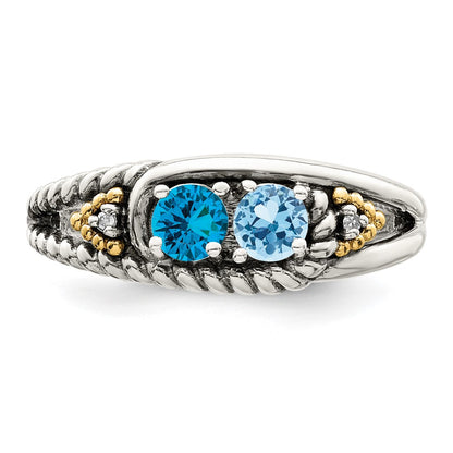 Sterling Silver Antiqued w/14k 2-stone w/Diamond Mother's Ring Semi-Mount