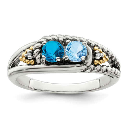 Sterling Silver Antiqued w/14k 2-stone w/Diamond Mother's Ring Semi-Mount