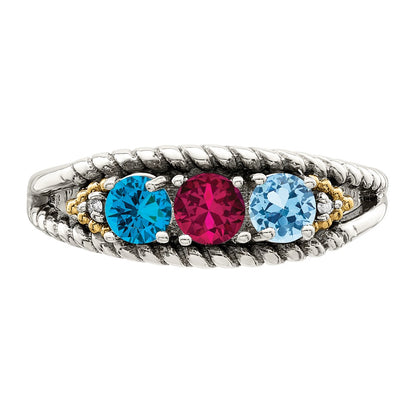 Sterling Silver Antiqued w/14k 3-stone w/Diamond Mother's Ring Semi-Mount