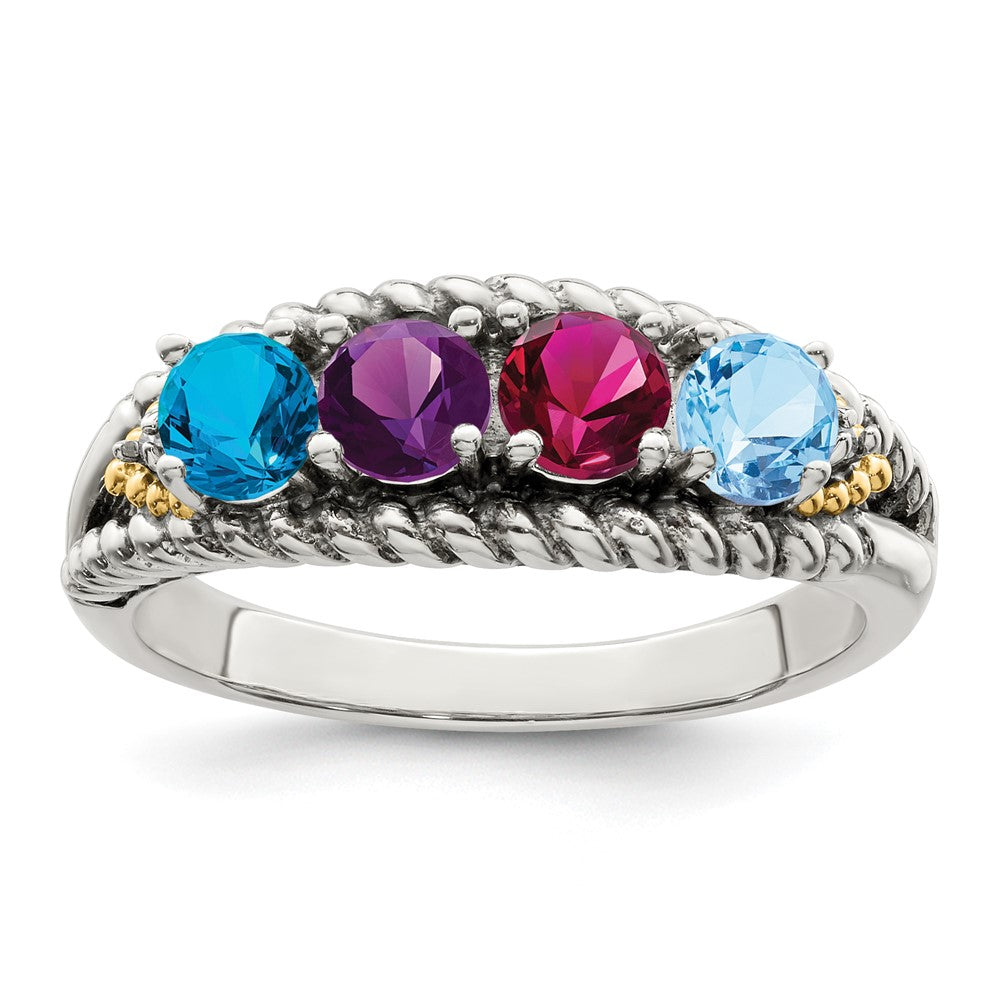Sterling Silver Antiqued w/14k 4-stone w/Diamond Mother's Ring Semi-Mount