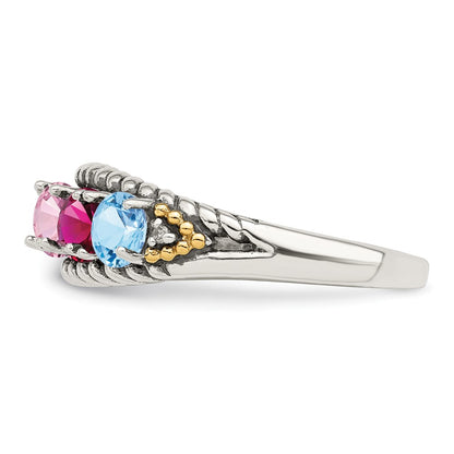 Sterling Silver Antiqued w/14k 5-stone w/Diamond Mother's Ring Semi-Mount