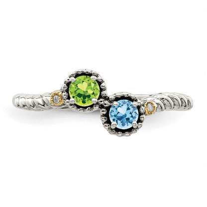 Sterling Silver Antiqued w/14k 2-stone w/Diamond Mother's Ring Semi-Mount