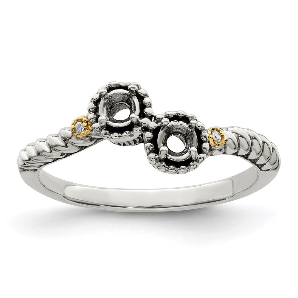 Sterling Silver Antiqued w/14k 2-stone w/Diamond Mother's Ring Semi-Mount