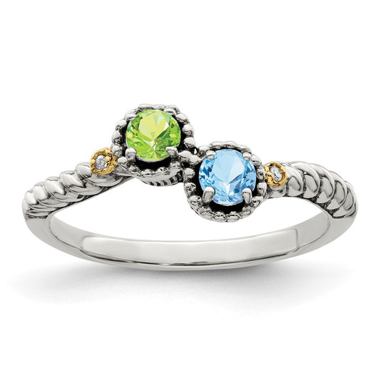 Sterling Silver Antiqued w/14k 2-stone w/Diamond Mother's Ring Semi-Mount