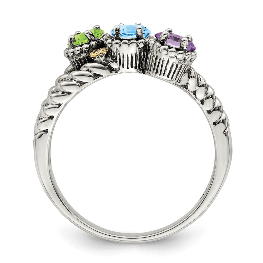 Sterling Silver Antiqued w/14k 3-stone w/Diamond Mother's Ring Semi-Mount
