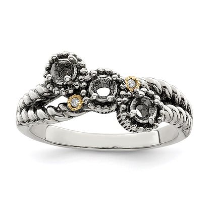 Sterling Silver Antiqued w/14k 3-stone w/Diamond Mother's Ring Semi-Mount