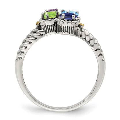 Sterling Silver Antiqued w/14k 4-stone w/Diamond Mother's Ring Semi-Mount