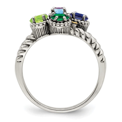 Sterling Silver Antiqued w/14k 5-stone w/Diamond Mother's Ring Semi-Mount