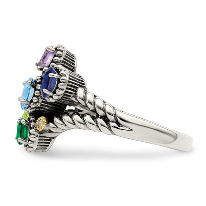 Sterling Silver Antiqued w/14k 5-stone w/Diamond Mother's Ring Semi-Mount