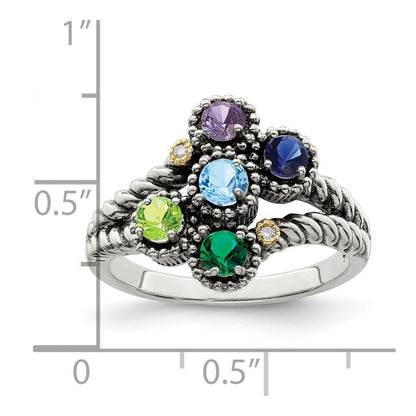 Sterling Silver Antiqued w/14k 5-stone w/Diamond Mother's Ring Semi-Mount