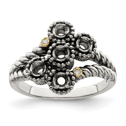 Sterling Silver Antiqued w/14k 5-stone w/Diamond Mother's Ring Semi-Mount