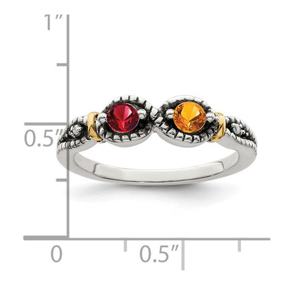 Sterling Silver Antiqued w/14k 2-stone w/Diamond Mother's Ring Semi-Mount