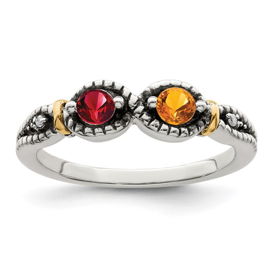 Sterling Silver Antiqued w/14k 2-stone w/Diamond Mother's Ring Semi-Mount