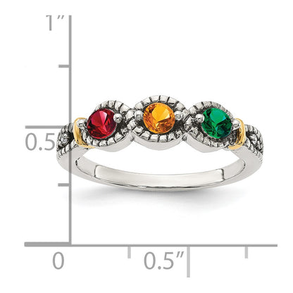 Sterling Silver Antiqued w/14k 3-stone w/Diamond Mother's Ring Semi-Mount