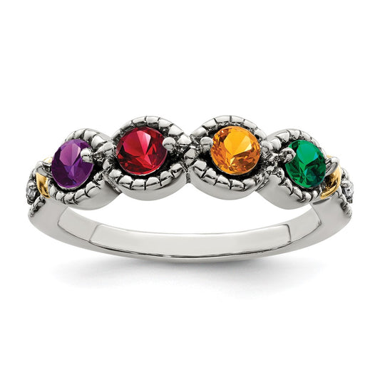 Sterling Silver Antiqued w/14k 5-stone w/Diamond Mother's Ring Semi-Mount