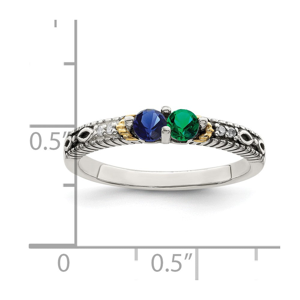 Sterling Silver Antiqued w/14k 2-stone w/Diamond Mother's Ring Semi-Mount