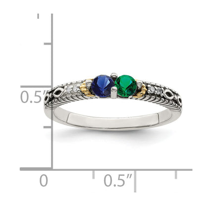 Sterling Silver Antiqued w/14k 2-stone w/Diamond Mother's Ring Semi-Mount