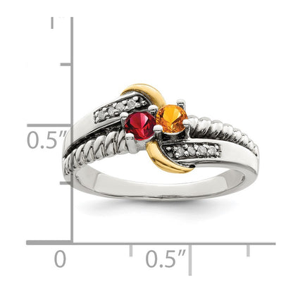 Sterling Silver Antiqued w/14k 2-stone w/Diamond Mother's Ring Semi-Mount