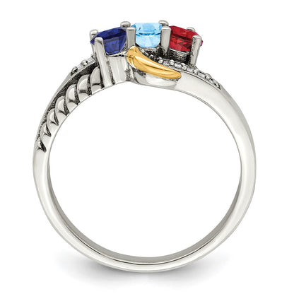 Sterling Silver Antiqued w/14k 3-stone w/Diamond Mother's Ring Semi-Mount