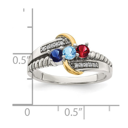Sterling Silver Antiqued w/14k 3-stone w/Diamond Mother's Ring Semi-Mount