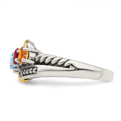 Sterling Silver Antiqued w/14k 4-stone w/Diamond Mother's Ring Semi-Mount