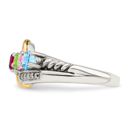 Sterling Silver Antiqued w/14k 5-stone w/Diamond Mother's Ring Semi-Mount