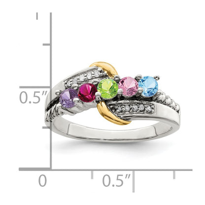 Sterling Silver Antiqued w/14k 5-stone w/Diamond Mother's Ring Semi-Mount