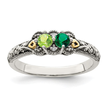 Sterling Silver Antiqued w/14k 2-stone w/Diamond Mother's Ring Semi-Mount