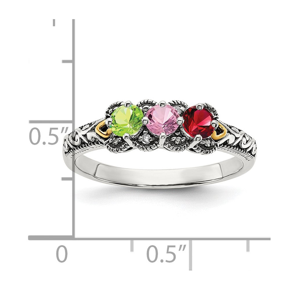 Sterling Silver Antiqued w/14k 3-stone w/Diamond Mother's Ring Semi-Mount