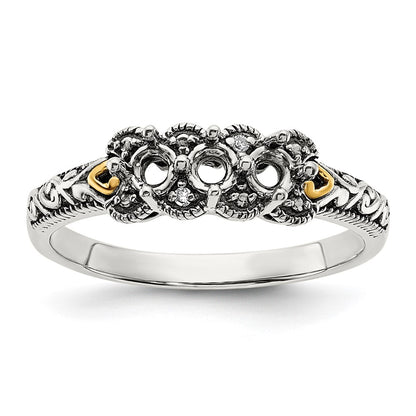 Sterling Silver Antiqued w/14k 3-stone w/Diamond Mother's Ring Semi-Mount