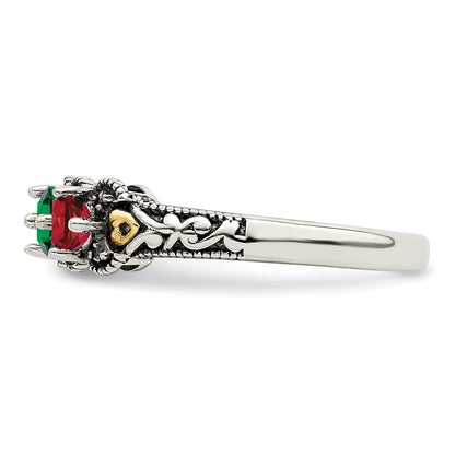 Sterling Silver Antiqued w/14k 4-stone w/Diamond Mother's Ring Semi-Mount