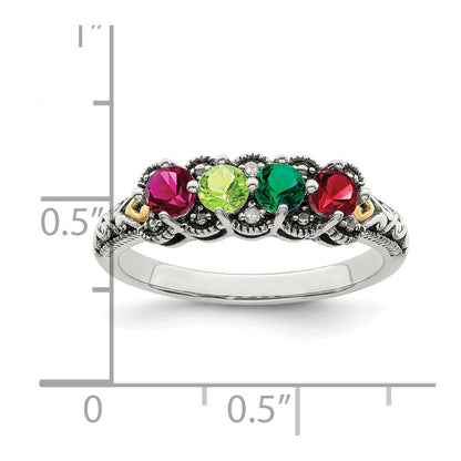 Sterling Silver Antiqued w/14k 4-stone w/Diamond Mother's Ring Semi-Mount