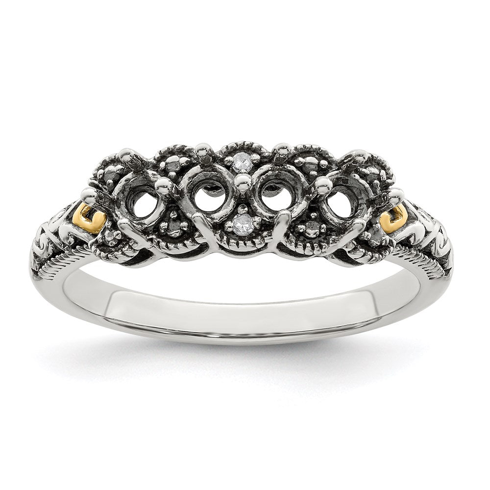 Sterling Silver Antiqued w/14k 4-stone w/Diamond Mother's Ring Semi-Mount